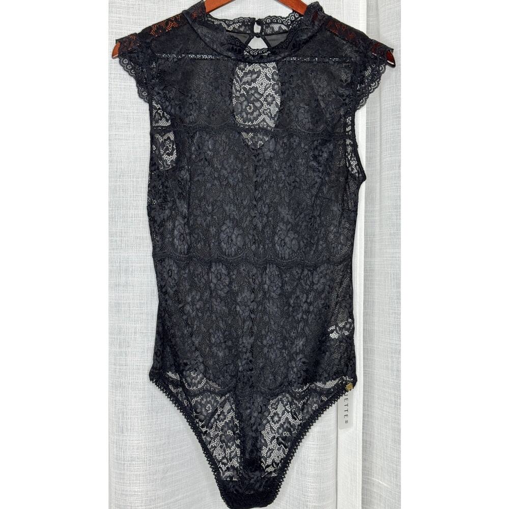 Jette by Joop Unlined One Piece Lace Thong Bodysuit Black Cap Sleeve Size 12 NEW